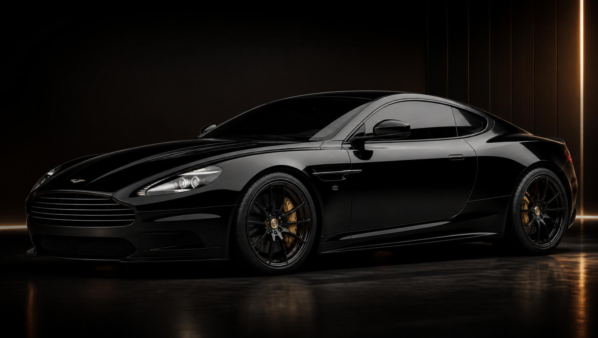 Luxury black car with tinted windows in a dark studio